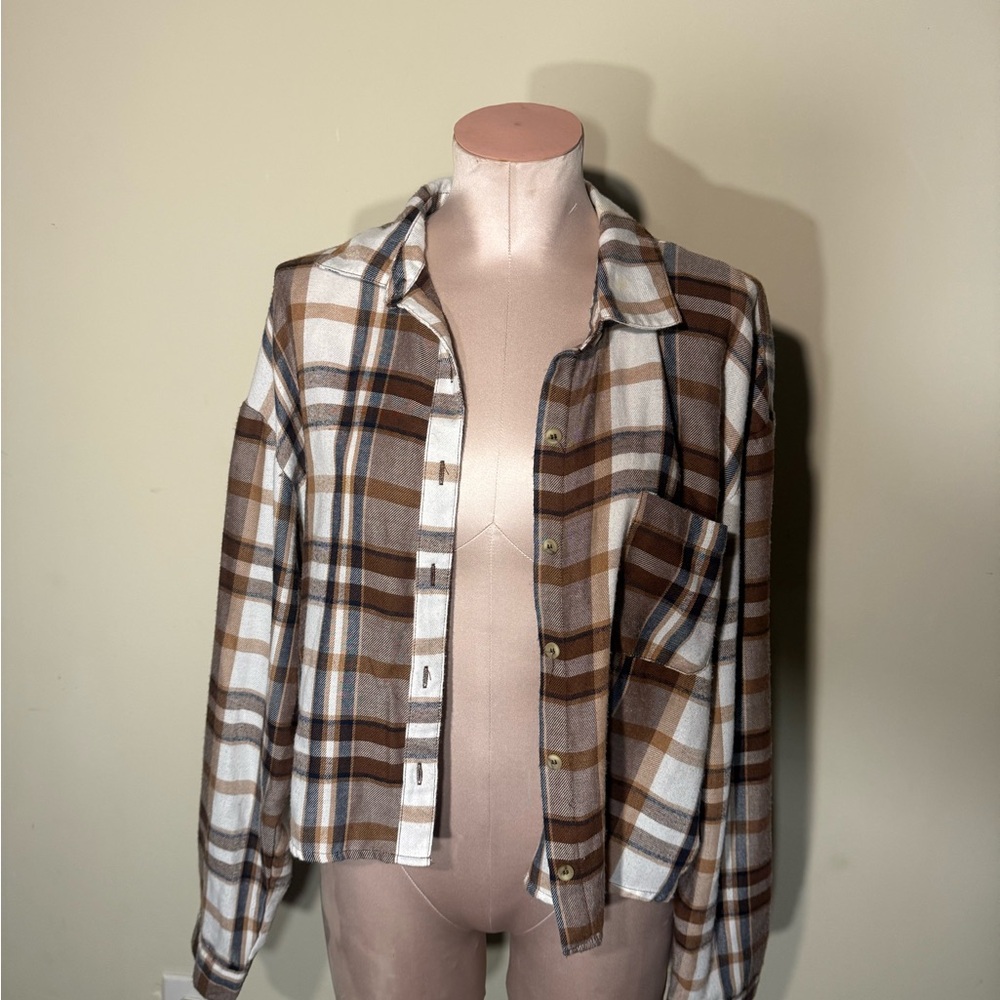 Plaid Button-Up Shirt - Brown and White